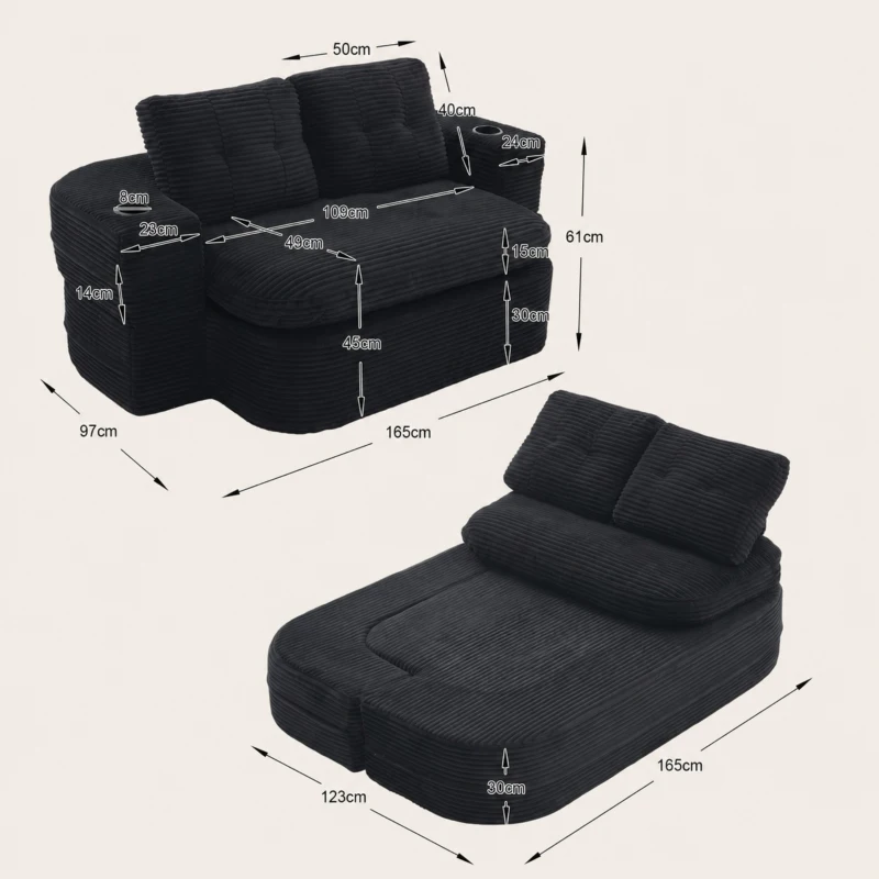2-in-1 Cordsofa mit verstellbarer Funktion, 2 Getränkehaltern, hohe Rückenlehne und extra tiefe Sitzfläche, 165L x 97B x 61H cm,Schwarz