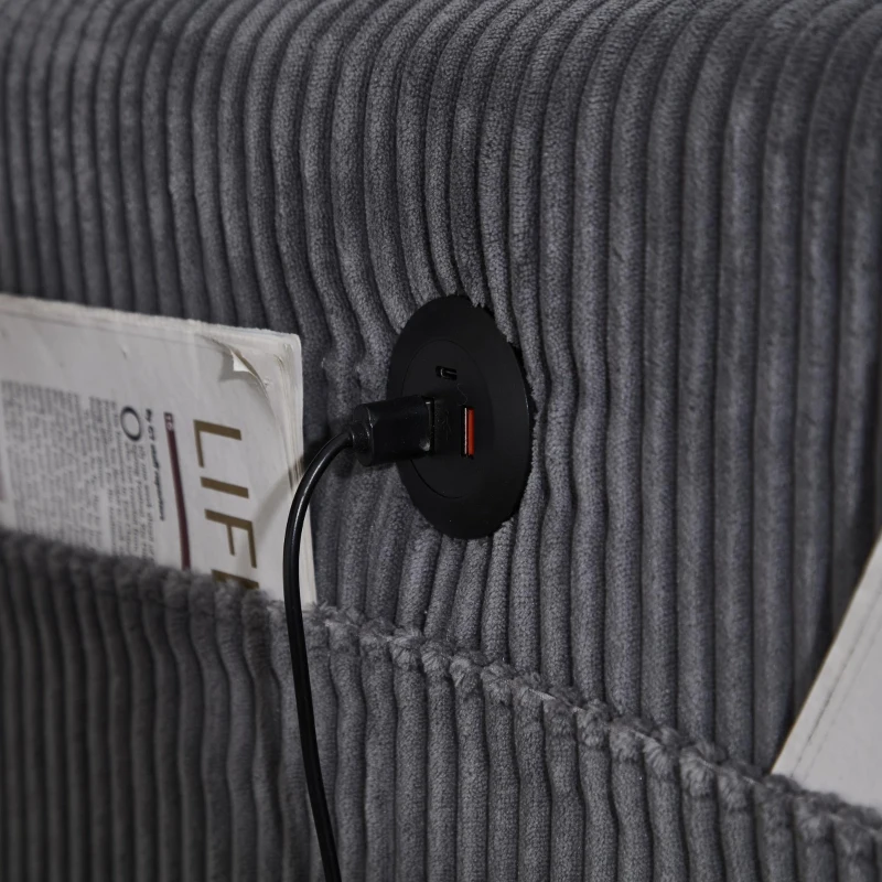 Das schwarze Cord-Doppelsofa verfügt über 2 Kissen, 4 Becherhalter und 4 Seitentaschen, kann in zwei unabhängige Sitze geteilt werden, 224L x 140B x 81H cm , Grau