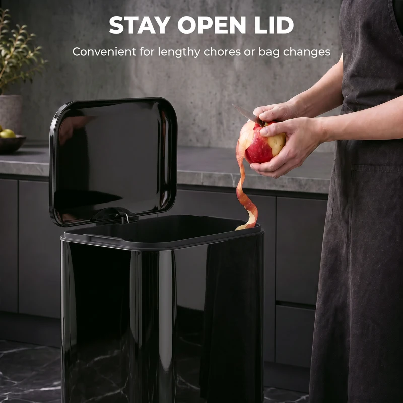 HOMCOM 50 L Kitchen Pedal Bin, Metal Rubbish Bin with Removable Inner Bucket, Soft-Close & Stay-Open Lid, High Gloss Black