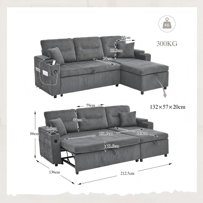 Modernes Cordsofa für drei Personen, mit Stauraum, Getränkehalter und USB-C-Anschluss, 212,5L x 136B x 86H cm, Carbongrau