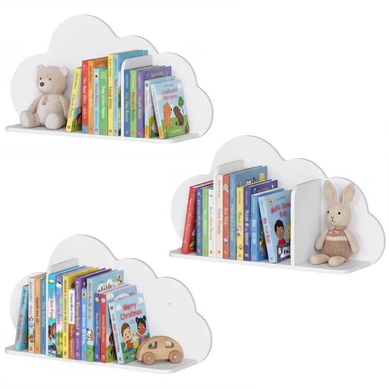 AIYAPLAY 3-delige wandboekenkast voor kinderen, 60 cm, zwevende Montessori boekenplanken in wolkvorm, wit, 3-8 jaar