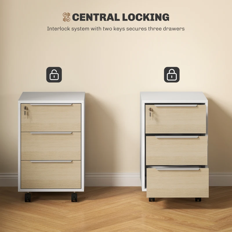 HOMCOM Three-Drawer Locking Filing Cabinet - Oak/White