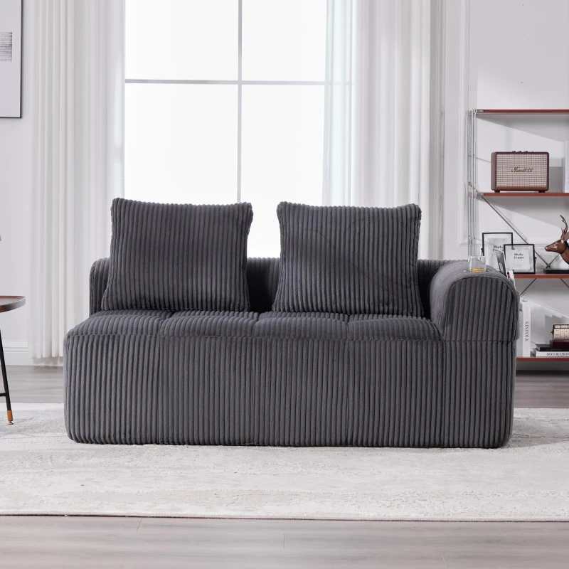 Bequemes Cordsofa mit zwei Sitzern, seitliche Aufbewahrungstasche für Fernbedienung und Handy, eingebauter Getränkehalter, 158X93X61 cm, Dunkelgrau