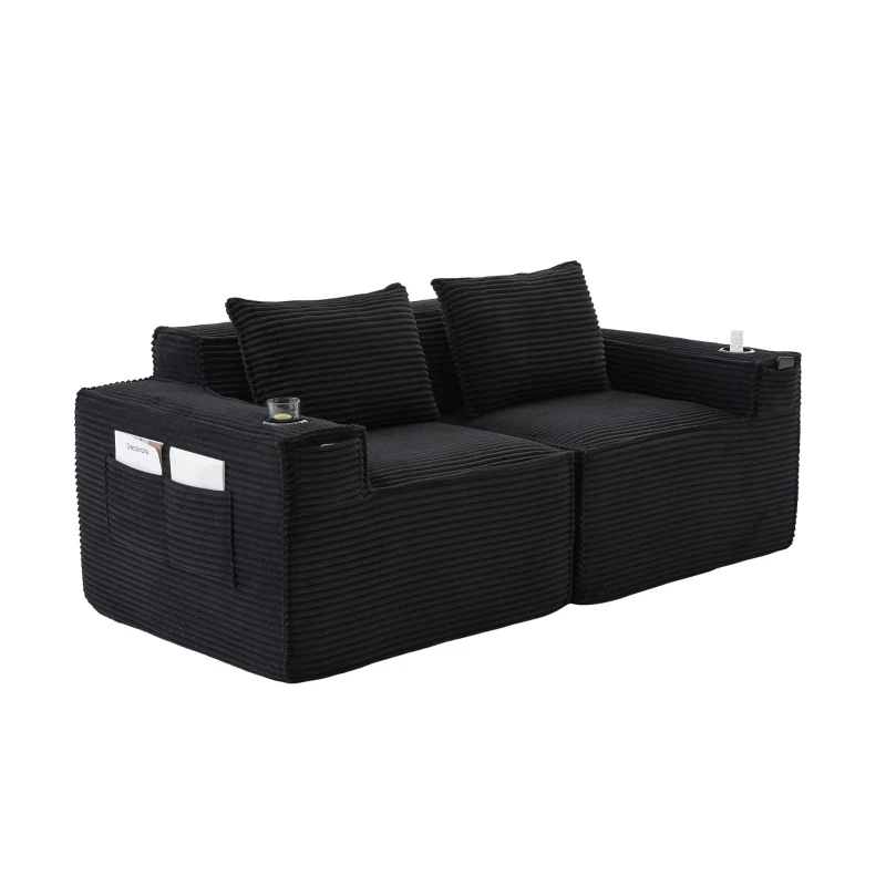 Modulares Doppelsitz-Cordsofa mit Becherhaltern und Seitentaschen, Federkern und hochdichtem Schaumstoff, 188L x 90B x 75H cm, Schwarz
