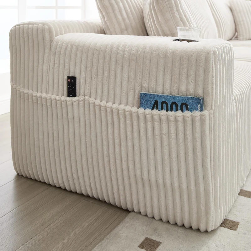 Modulares Sofaset mit Liegestühlen und Doppelbetten, 5 Kissen und 2 Getränkehaltern， 257×160×62 cm, Beige