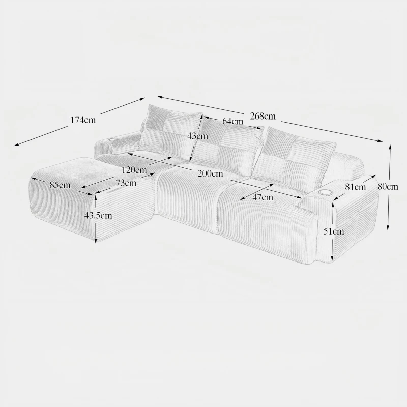 Modulares Cordsofa für 3 Personen (inklusive Fußhocker), ausgestattet mit Getränkehaltern , seitlichen Aufbewahrungstaschen, 268L x 174B x 80H cm, Dunkelgrau