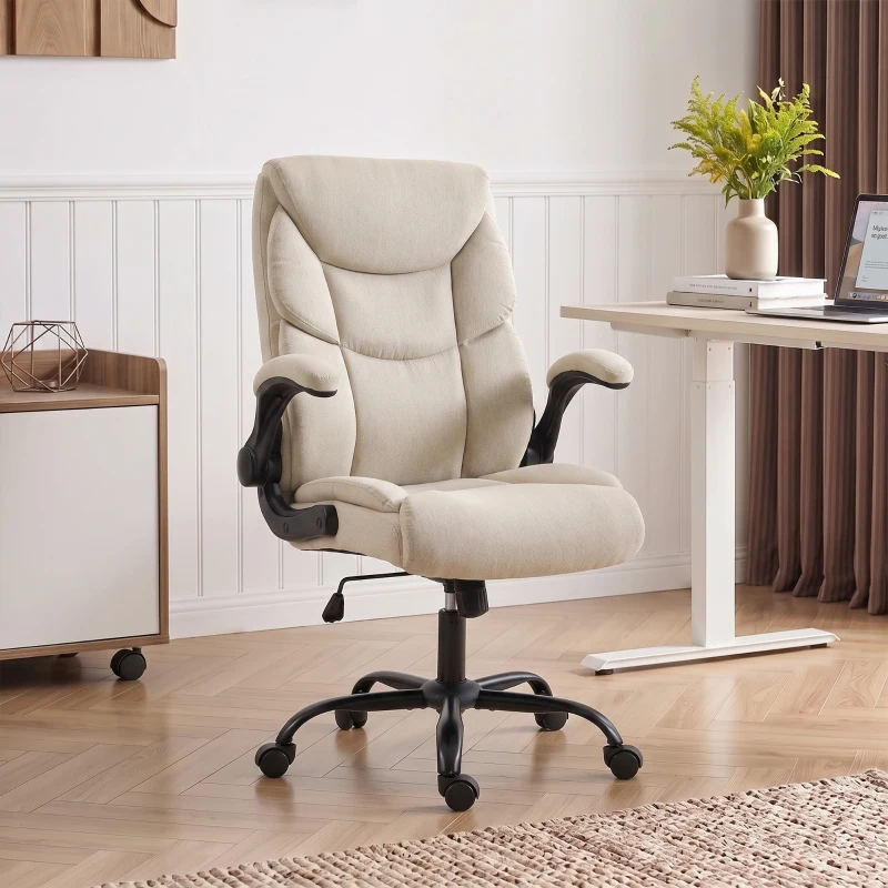 HOMCOM Office Chair, Executive Desk Chair with Flip-up Armrest, Thick Padding, 360 Degree Swivel, Cream White