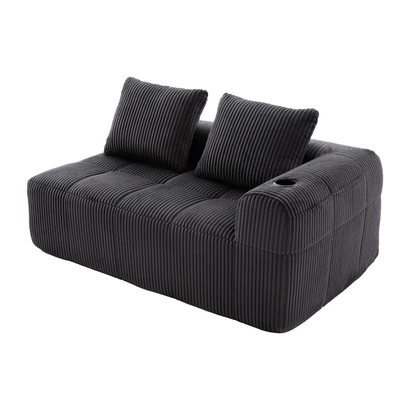 Bequemes Cordsofa mit zwei Sitzern, seitliche Aufbewahrungstasche für Fernbedienung und Handy, eingebauter Getränkehalter, 158X93X61 cm, Dunkelgrau