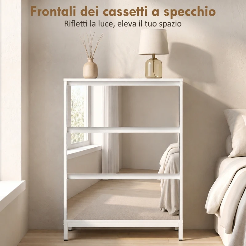HOMCOM Cassettiera a Specchio Moderna con 3 Cassetti, 60x35x80 cm, Bianca