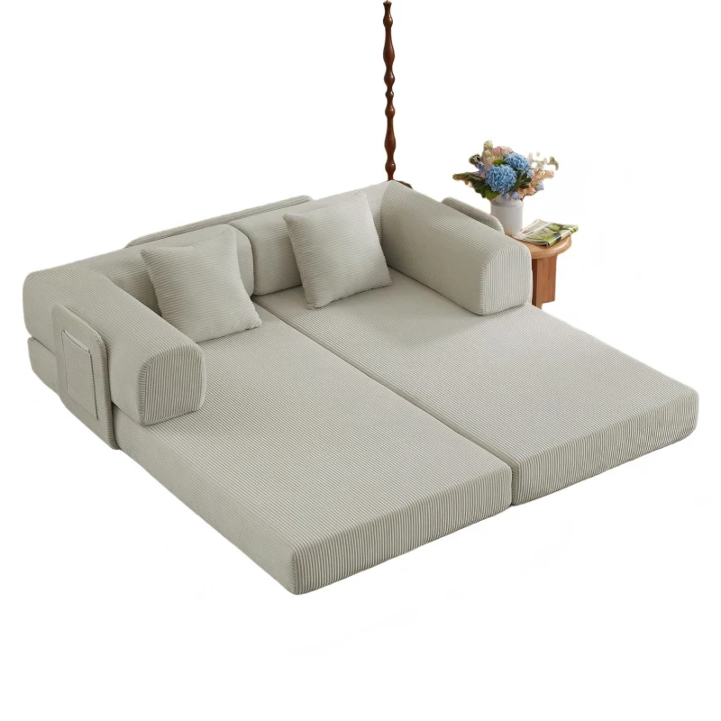 Knochenloses modulares Sofa, umbaubar in ein Bett, umfasst 2 Polster und einen Stahlrahmen, 204L x 97B x 65H cm, Beige
