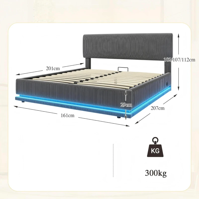 Modernes, gepolstertes Bett misst 160 x 200 cm, ausgestattet mit LED-Lichtern und USB-C-Lade, verstellbarer Kopfteilhöhe, stabilem gestreiftem Bettrahmen, 161L x 207B x 102/107/112H cm, Dunkelgrau