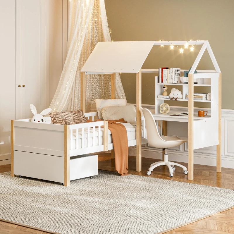 90 x 200 cm Klappbett, L-förmiger Schreibtisch und Bücherregal, Schublade mit Rädern, 205L x 178B x 126 cm, Weiß