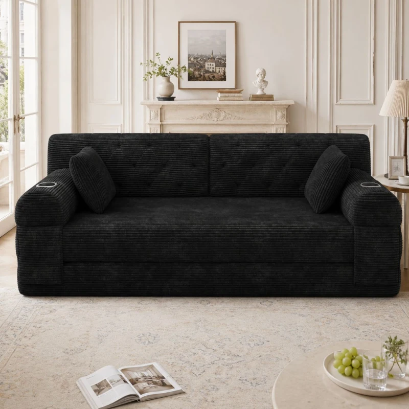 Doppeltes komprimiertes Cordsofa, Metallrahmen, 2 Becherhalter und 4 Seitentaschen, 168L x 80B x 81H cm, Schwarz