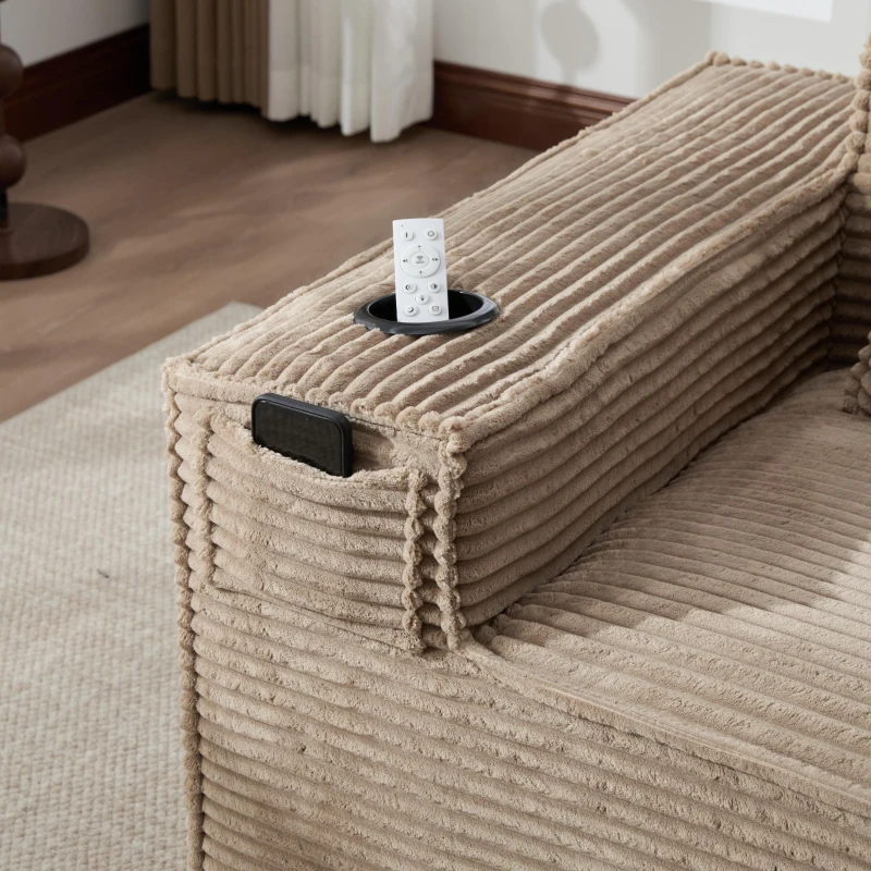 Modulares Doppelsitz-Cordsofa mit Becherhaltern und Seitentaschen, Federkern und hochdichtem Schaumstoff, 188L x 90B x 75H cm, Khaki