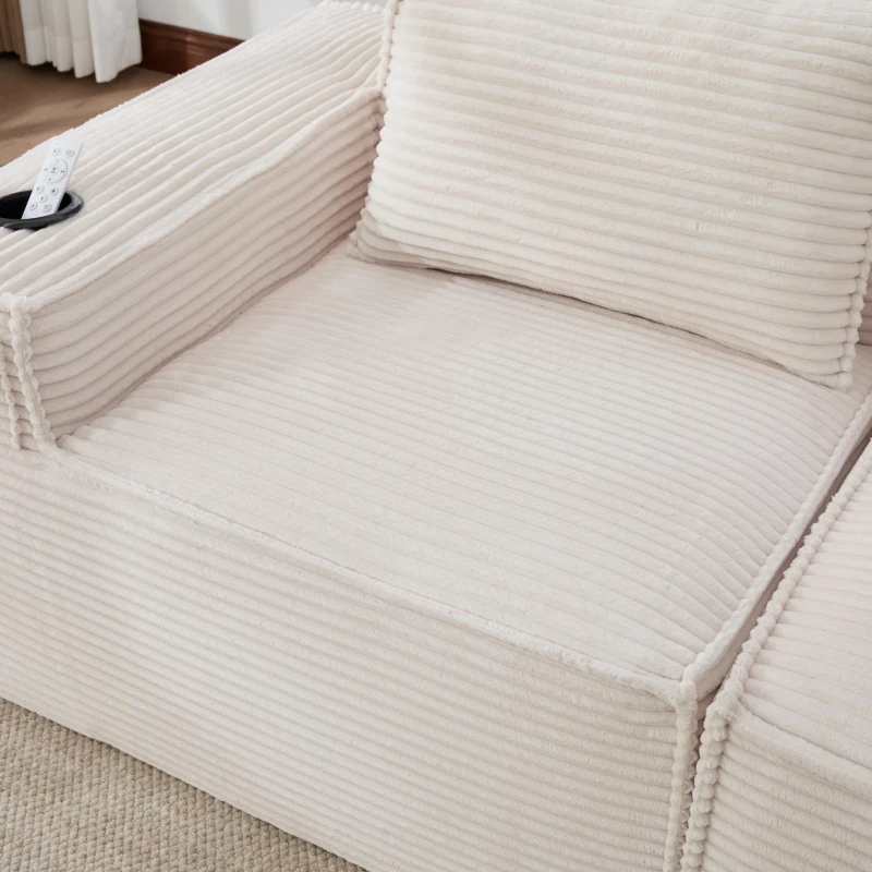 Modulares Doppelsitz-Cordsofa mit Becherhaltern und Seitentaschen, Federkern und hochdichtem Schaumstoff, 188L x 90B x 75H cm, Beige