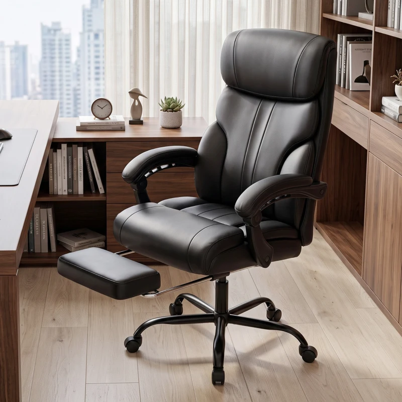 HOMCOM Sedia Ufficio Ergonomica Girevole Reclinabile 165° in Pelle PU, Poggiapiedi, Altezza Regolabile, Nero