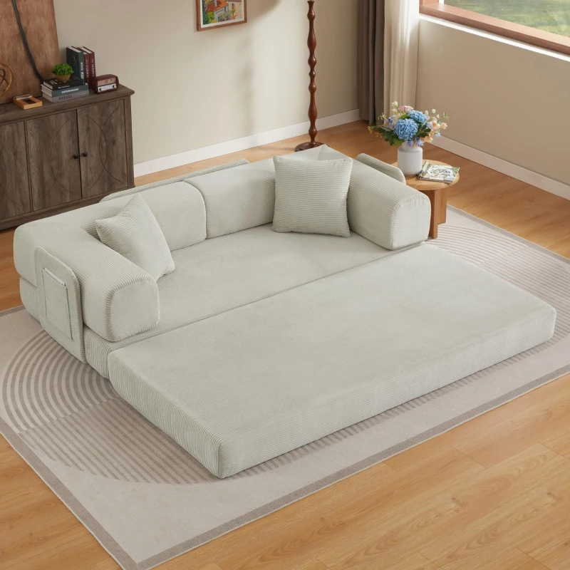 Knochenloses modulares Sofa, umbaubar in ein Bett, umfasst 2 Polster und einen Stahlrahmen, 204L x 97B x 65H cm, Beige