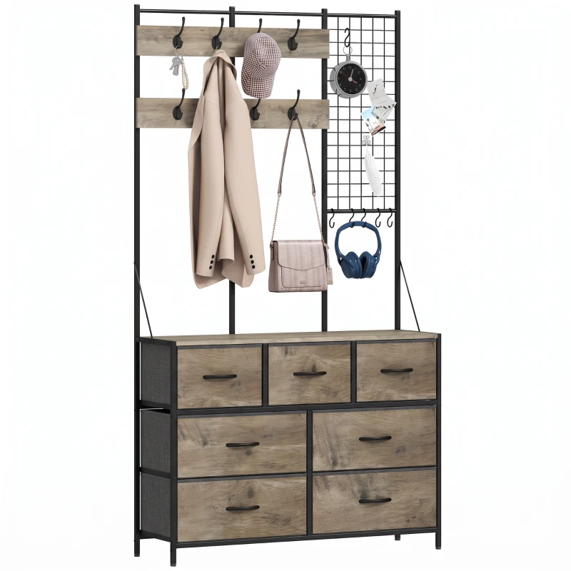 HOMCOM Cuier 4 în 1, Mobilier pentru hol cu 7 sertare pliabile din material textil, 14 cârlige şi panou grilaj, Gri cu efect de lemn