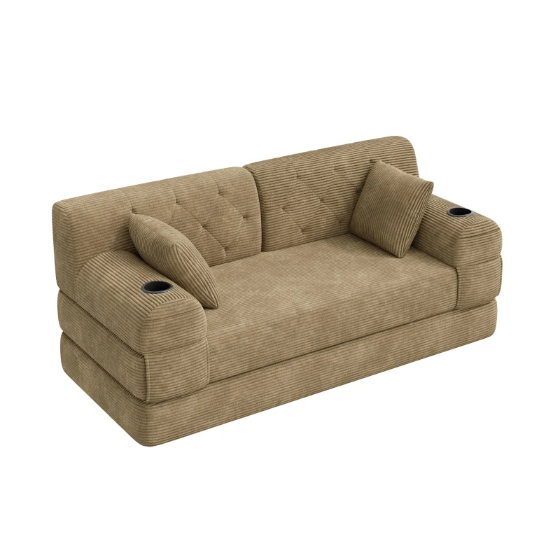 Doppeltes komprimiertes Cordsofa, Metallrahmen, 2 Becherhalter und 4 Seitentaschen, 168L x 80B x 81H cm, Khaki
