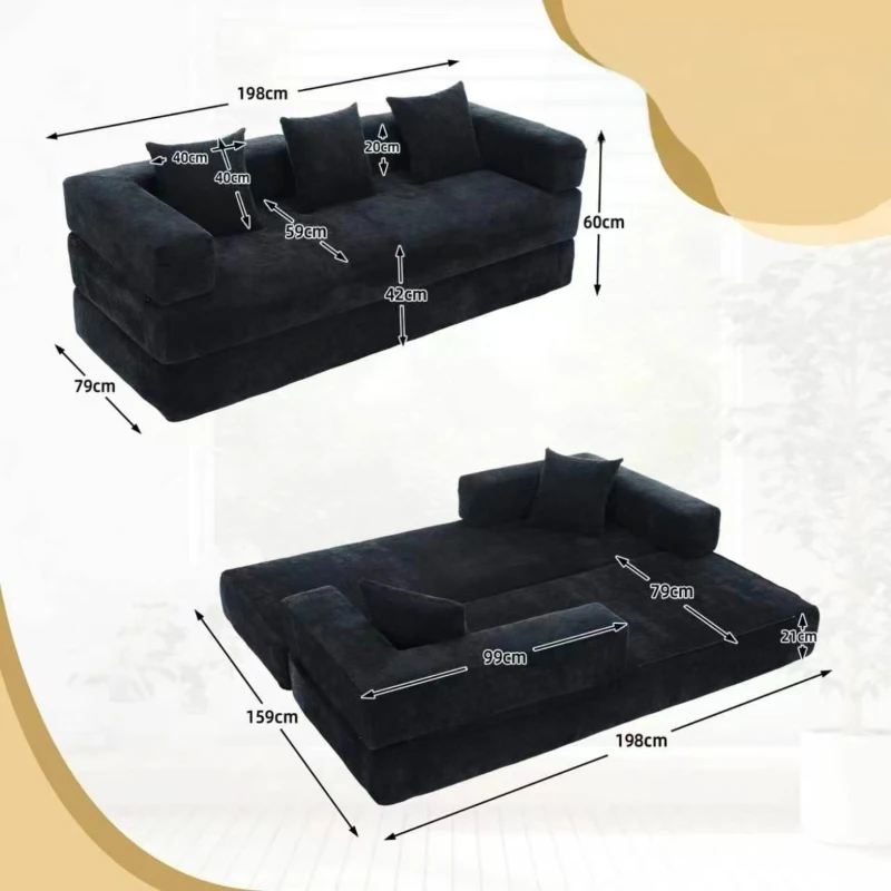 Modulares Chenille-Block-Sofa, frei kombinierbar, mit Seitentaschen zur Verstauung und rutschfestem Fahrgestell, Maße 198L x 79B x 60H cm, Schwarz