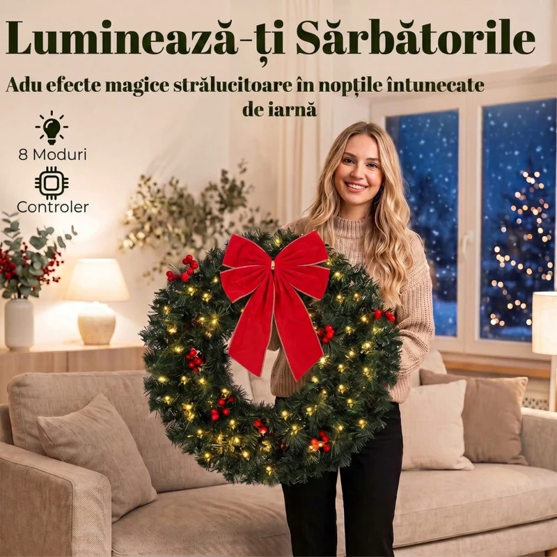 HOMCOM Coroniță de Crăciun de 60 cm cu Lumini LED, Conuri de Brad și Bobițe, Verde