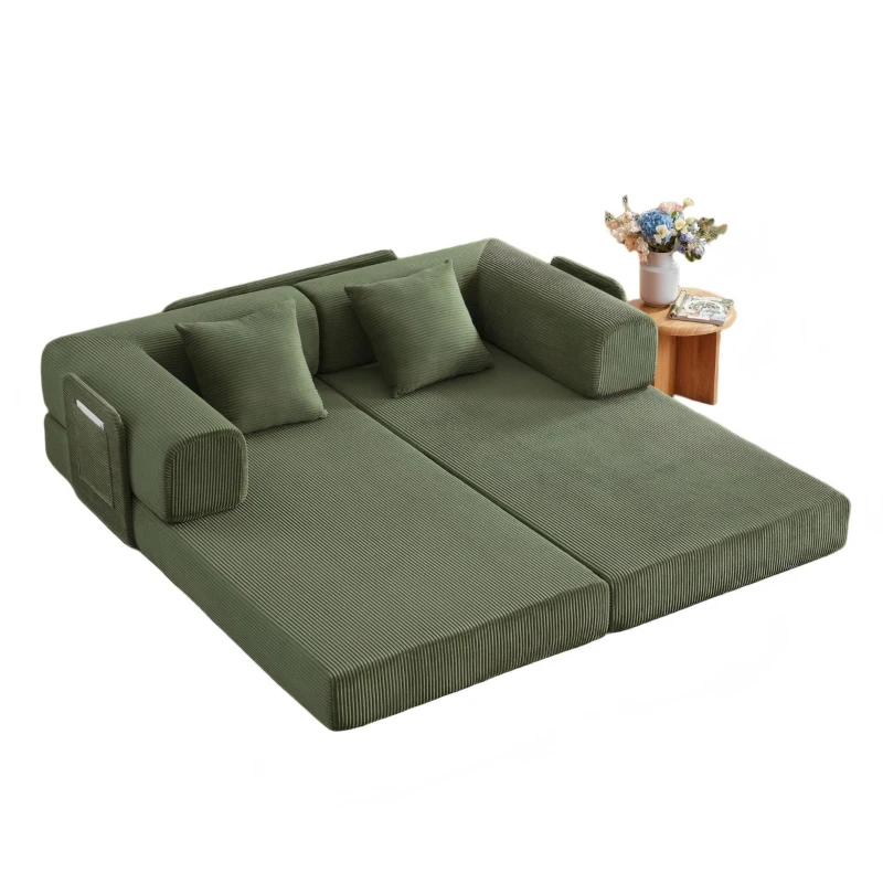 Knochenloses modulares Sofa, umbaubar in ein Bett, umfasst 2 Polster und einen Stahlrahmen, 204L x 97B x 65H cm, Grün