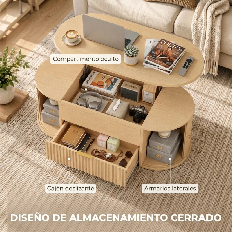 HOMCOM Mesa de Centro Elevable con Almacenaje Compartimento Oculto Cajón Acanalado y Puertas Correderas Tipo Persiana Roble