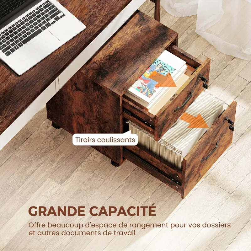 HOMCOM Caisson bureau mobile à 2 tiroirs, meuble rangement bureau sur roulettes pour documents suspendus format lettre, marron
