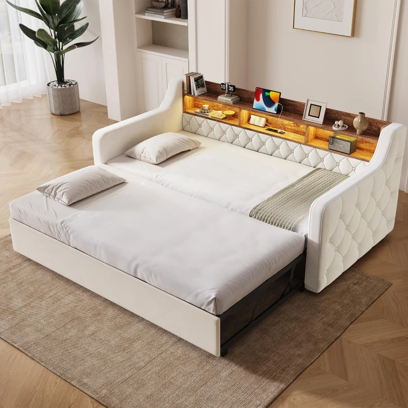 Samtsofa mit Armlehnen 90x190 cm, mit ausziehbarem Bett, Holz-Kopfteil-Stauraum, 201L x 107-197.5B x 80H cm, Beige