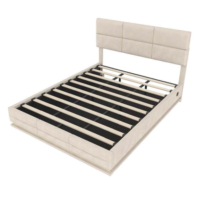 Das samtgepolsterte Bett misst 180 x 200 cm, verfügt über verstellbare Kopfteilhöhe, LED-Beleuchtung und XXL-Stauraum. Es ist ohne Matratze erhältlich, mit den Gesamtmaßen 182 cm x 206 cm x (105-110-115 cm), Beige