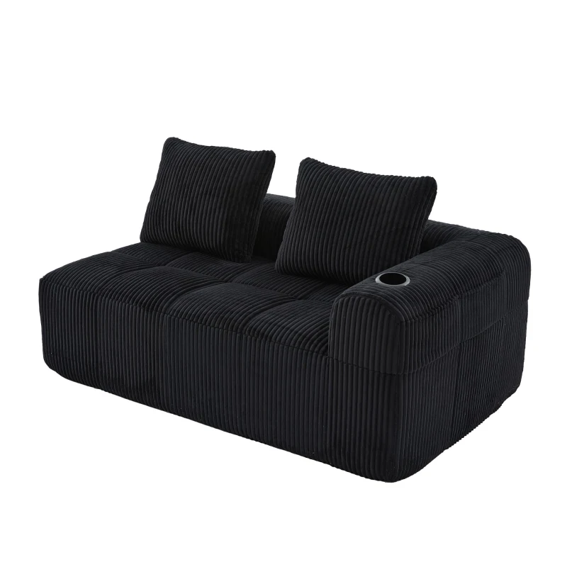 Bequemes Cordsofa mit zwei Sitzern, seitliche Aufbewahrungstasche für Fernbedienung und Handy, eingebauter Getränkehalter, 158X93X61 cm, Schwarz