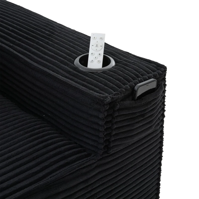 Modulares Doppelsitz-Cordsofa mit Becherhaltern und Seitentaschen, Federkern und hochdichtem Schaumstoff, 188L x 90B x 75H cm, Schwarz
