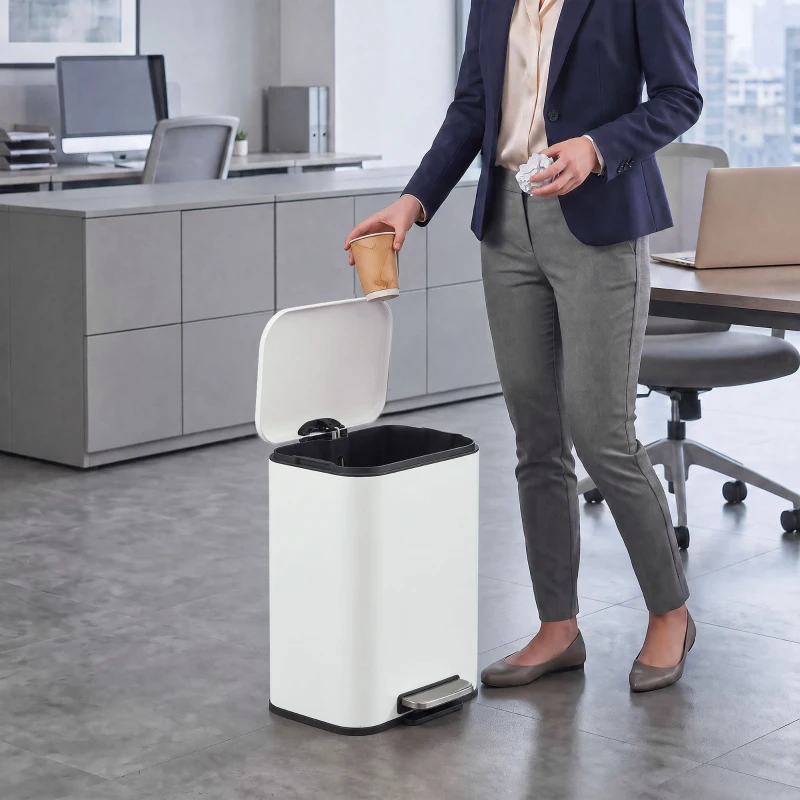HOMCOM 20 L Kitchen Pedal Bin, Metal Rubbish Bin with Removable Inner Bucket, Soft-Close & Stay-Open Lid, Cream White