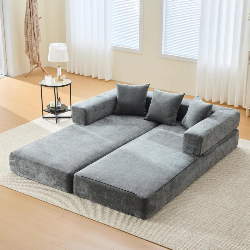 Modulares Chenille-Block-Sofa, frei kombinierbar, mit Seitentaschen zur Verstauung und rutschfestem Fahrgestell, Maße 198L x 79B x 60H cm, Dunkelgrau