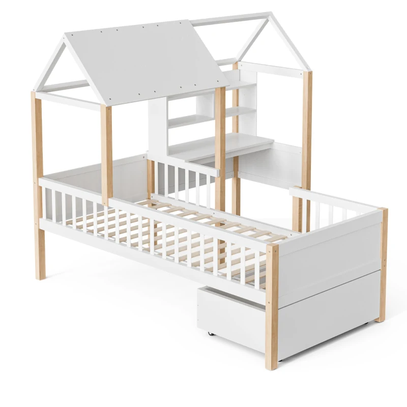 90 x 200 cm Klappbett, L-förmiger Schreibtisch und Bücherregal, Schublade mit Rädern, 205L x 178B x 126 cm, Weiß