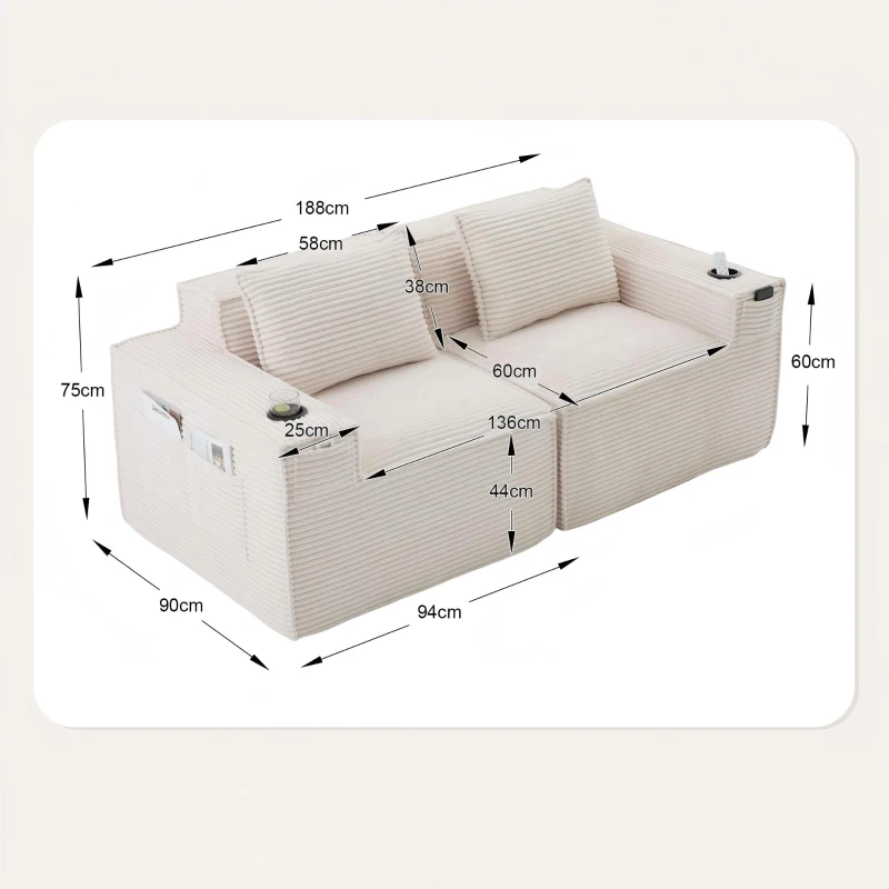Modulares Doppelsitz-Cordsofa mit Becherhaltern und Seitentaschen, Federkern und hochdichtem Schaumstoff, 188L x 90B x 75H cm, Beige