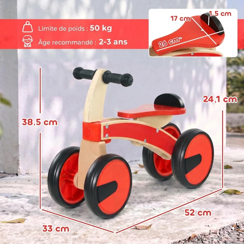 AIYAPLAY Voiture Porteur pour Enfants, Véhicule à Pousser Sans Pédales avec Roues en EVA et Dossier, 2 à 3 Ans, Rouge