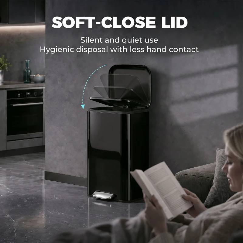 HOMCOM 50 L Kitchen Pedal Bin, Metal Rubbish Bin with Removable Inner Bucket, Soft-Close & Stay-Open Lid, High Gloss Black