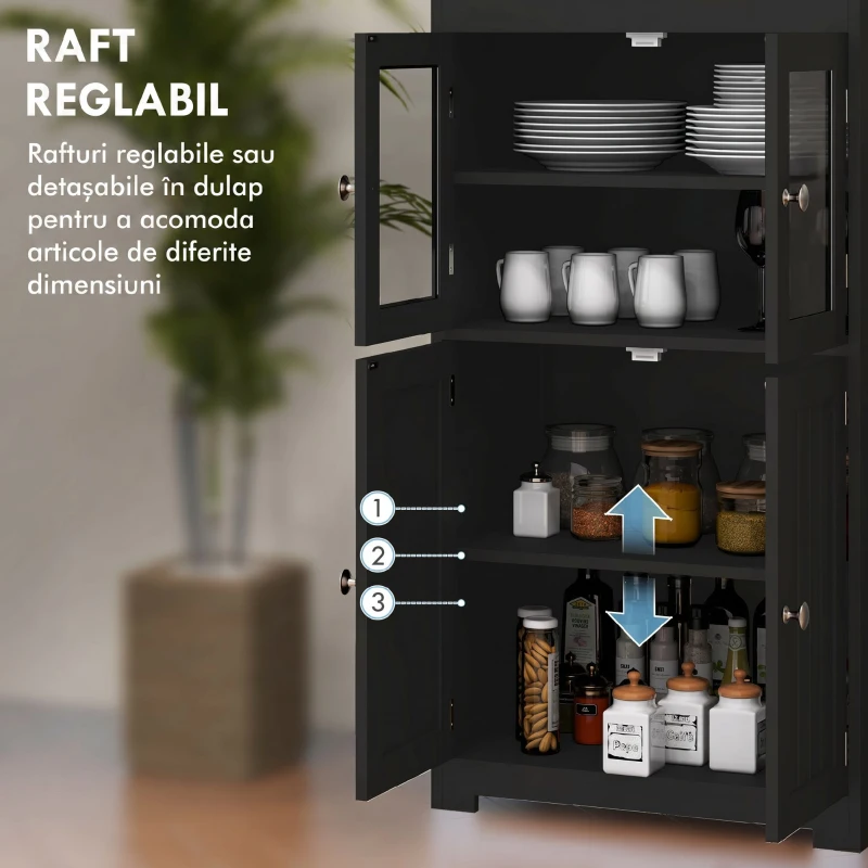 HOMCOM Dulap cămară cu 2 rafturi deschise și 2 dulapuri cu uși, din MDF și sticlă, 60x30x162 cm, negru