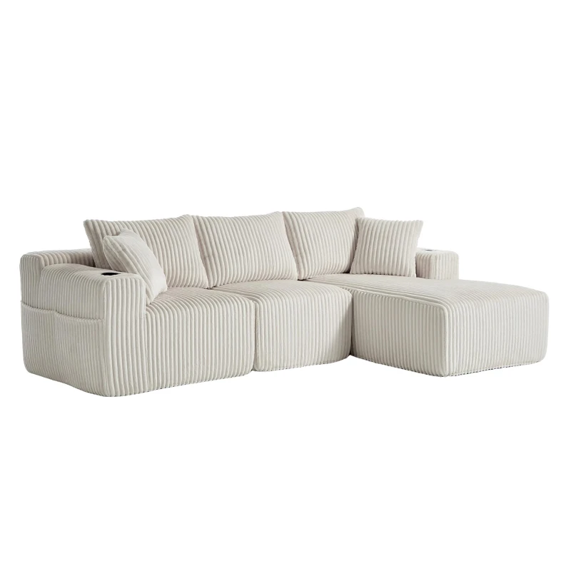 Modulares Sofaset mit Liegestühlen und Doppelbetten, 5 Kissen und 2 Getränkehaltern， 257×160×62 cm, Beige