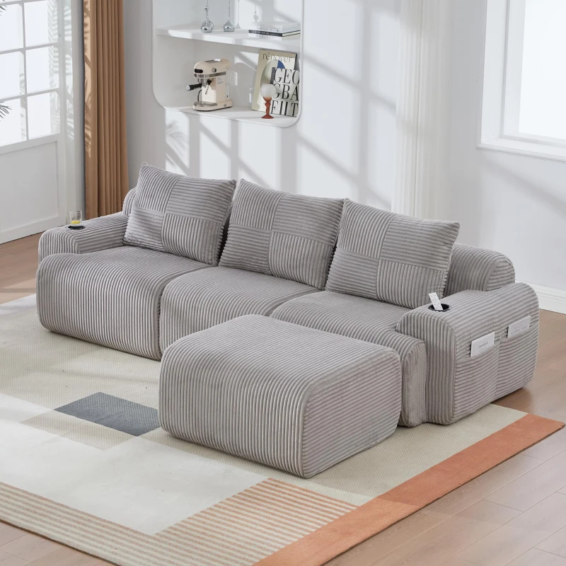 Modulares Cordsofa für drei Personen (inklusive Fußschemel), frei kombinierbar, ausgestattet mit Getränkehaltern und seitlichen Aufbewahrungstaschen, 268L x 174B x 80H cm, Hellgrau