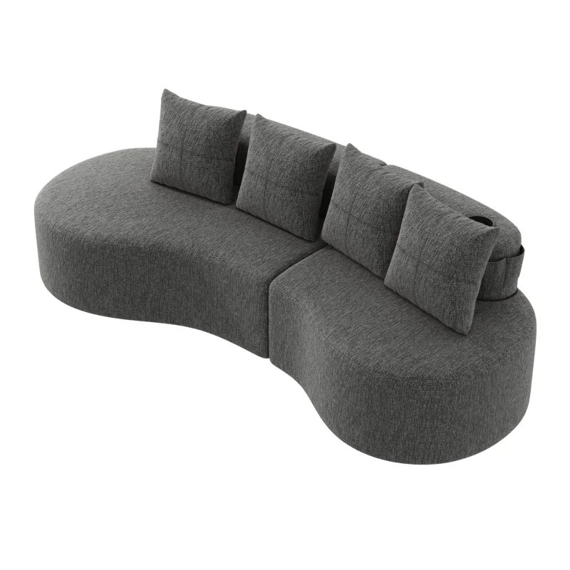 Leinensofa mit 4 Kissen, darunter Getränkehalter und Seitentaschen, 240L x 109B x 63H cm, Dunkelgrau
