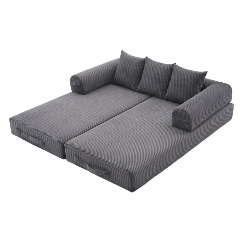 Faltbares Kompressionssofa mit stabilem Metallrahmen, Seitentaschen plus 3 Kissen, 200L x 94B x 67H cm, Dunkelgrau