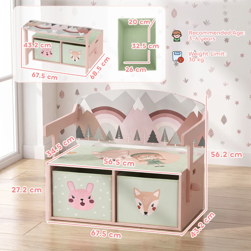 AIYAPLAY Kids Table and Chair Set, 3 in 1 Wooden Toy Box with 2 Fabric Drawers for Bedroom, Playroom, Gift for Boys Girls, Pink