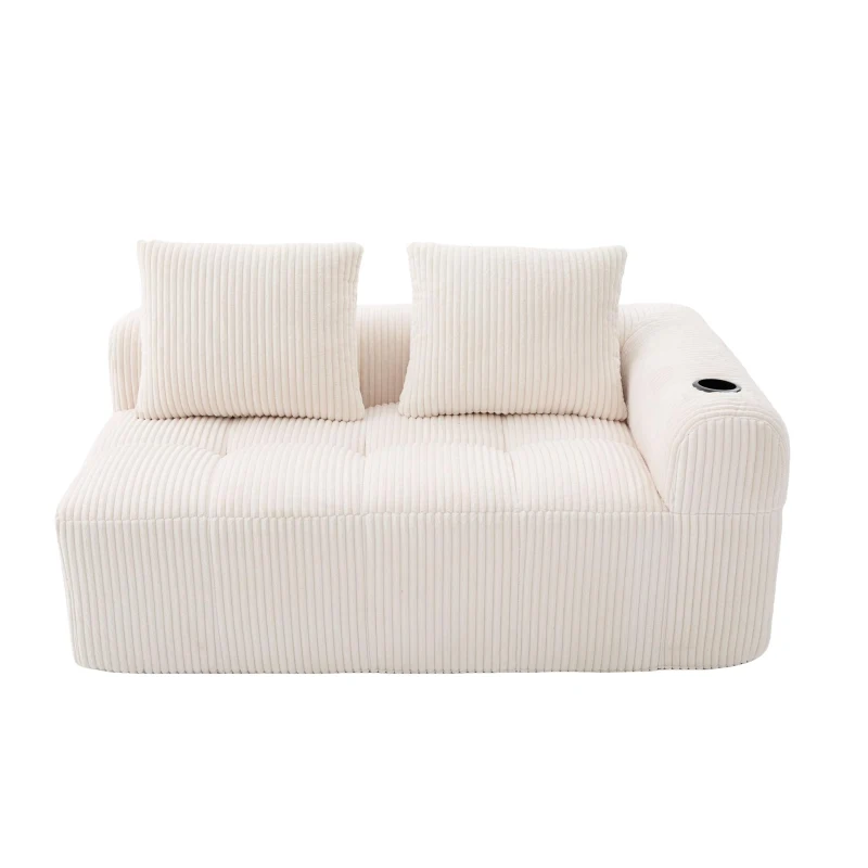 Bequemes Cordsofa mit zwei Sitzern, seitliche Aufbewahrungstasche für Fernbedienung und Handy, eingebauter Getränkehalter, 158X93X61 cm, Beige
