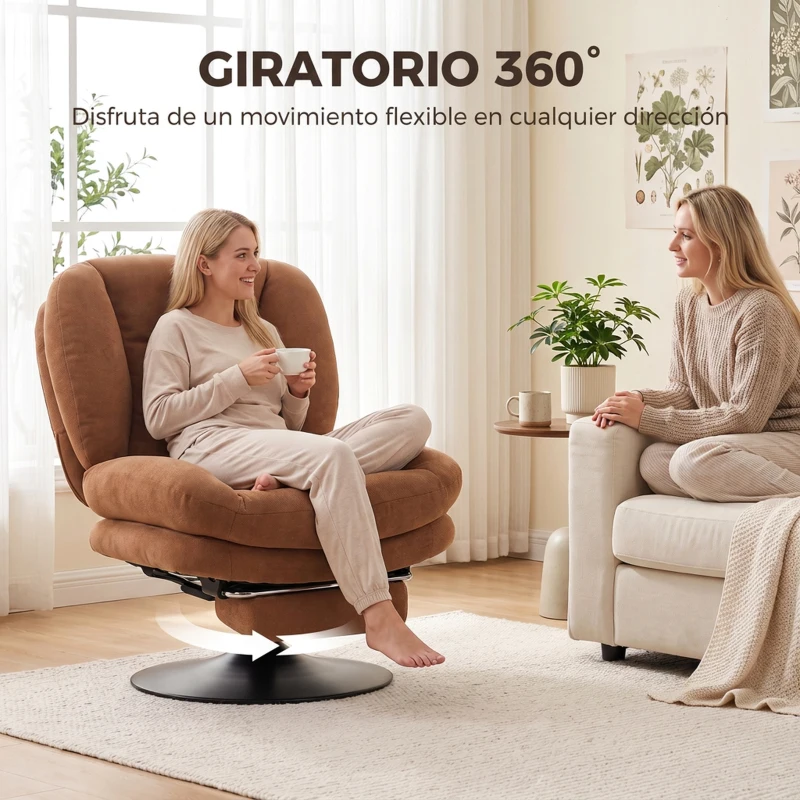 HOMCOM Sillón de Salón con Reposapiés Ajustable y Giratorio 360° de Lino Respaldo Forma Abanico Acolchado Grueso Marrón Oscuro