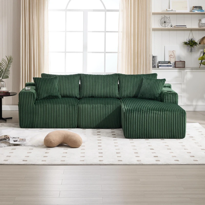 Modulares Sofaset mit Liegestühlen und Doppelbetten, 5 Kissen und 2 Getränkehaltern，257X160X62 cm, Smaragdgrün