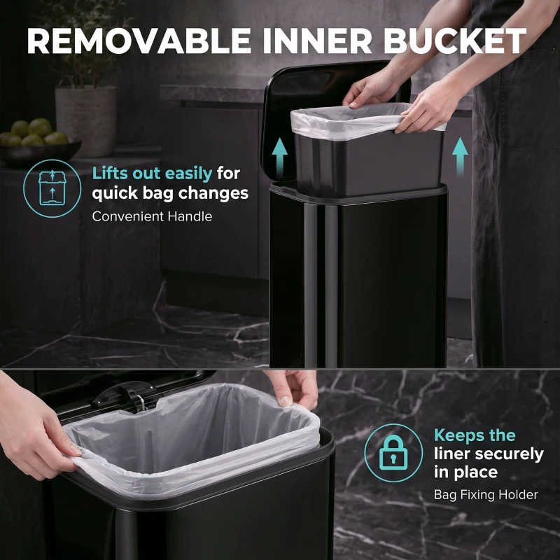 HOMCOM 50 L Kitchen Pedal Bin, Metal Rubbish Bin with Removable Inner Bucket, Soft-Close & Stay-Open Lid, High Gloss Black
