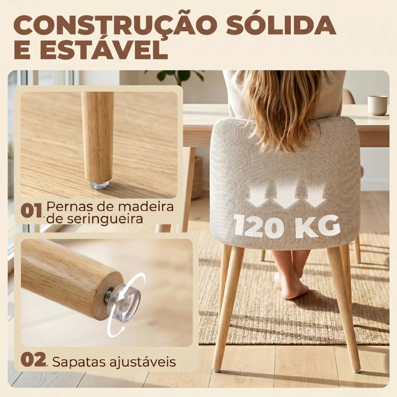HOMCOM Conjunto de 2 Cadeiras de Jantar em Tecido Efeito Linho e Madeira de Borracha Assento Estofado Encosto Curvo Creme