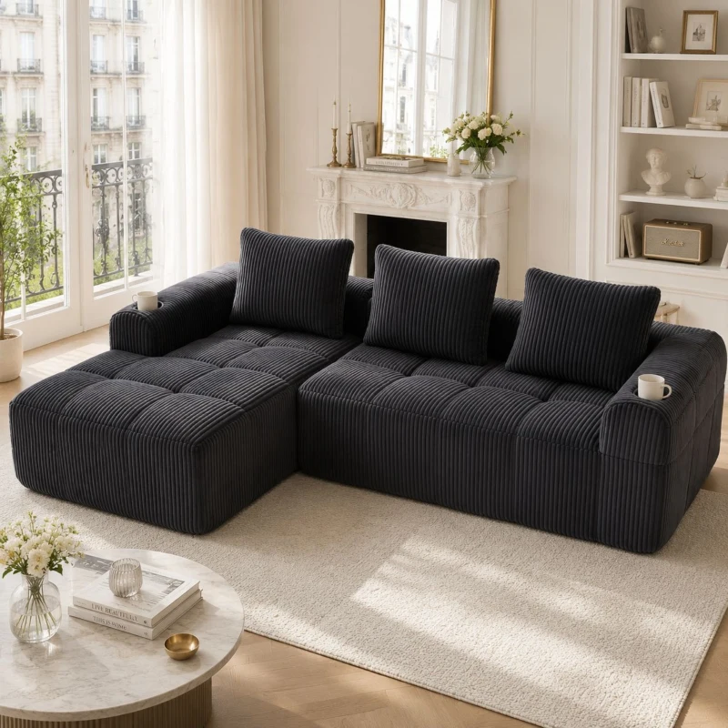 Cord-Kombinationssofa mit 3 Kissen, Seitentaschen und Getränkehaltern, 253L x 158B x 61H cm, Dunkelgrau